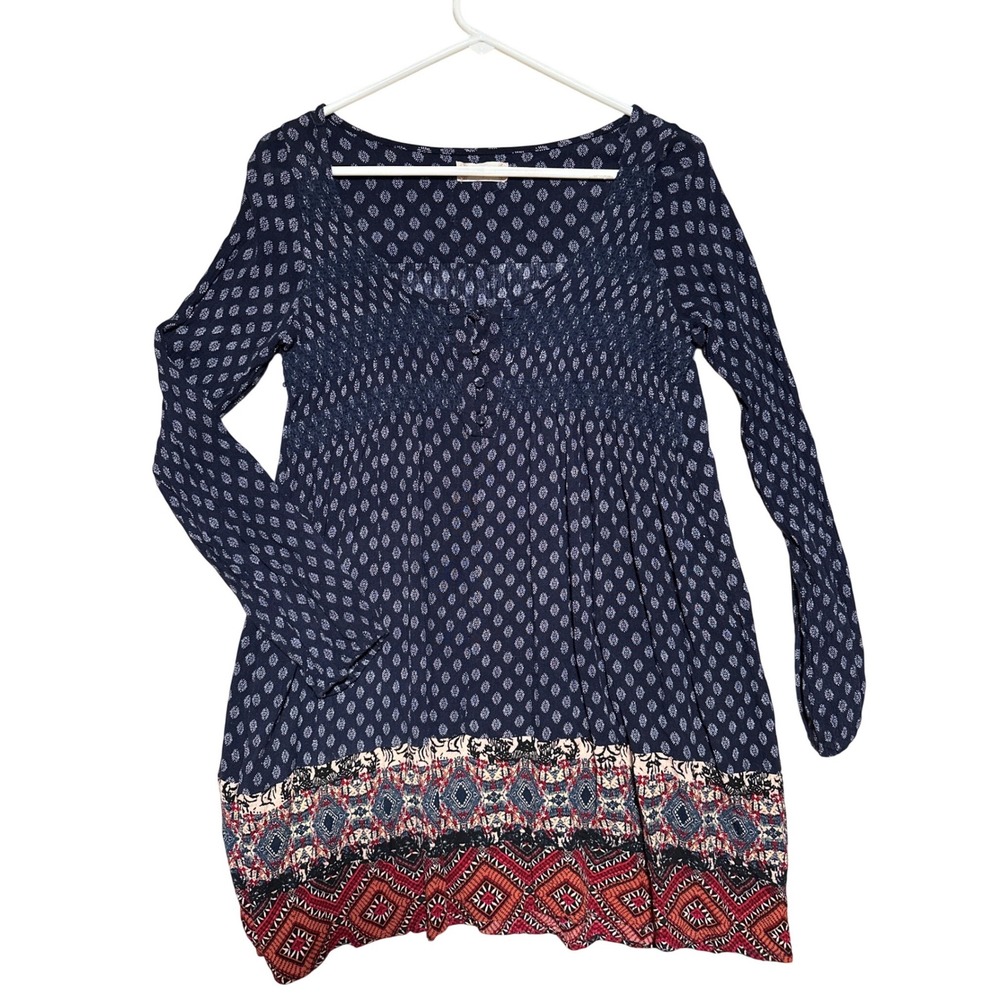 Altar'd State Navy Blue Diamond Print Peasant Boho Long Sleeve Tunic Dress Small